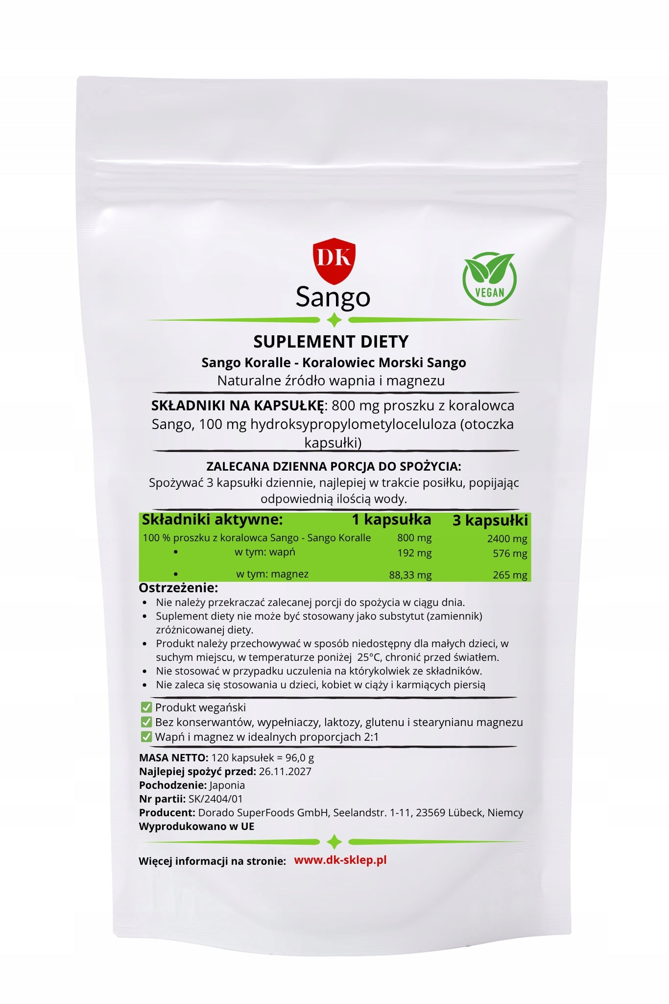 Sango Sea Coral 120 kaps 800 mg Calcium Magnesium Joints Muscle Bones
