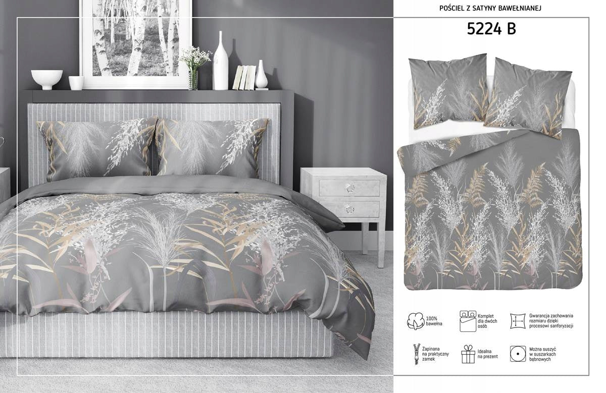 Satin bedding 160x200 grey dark white beige stem leaves Home Satin Packaging status original