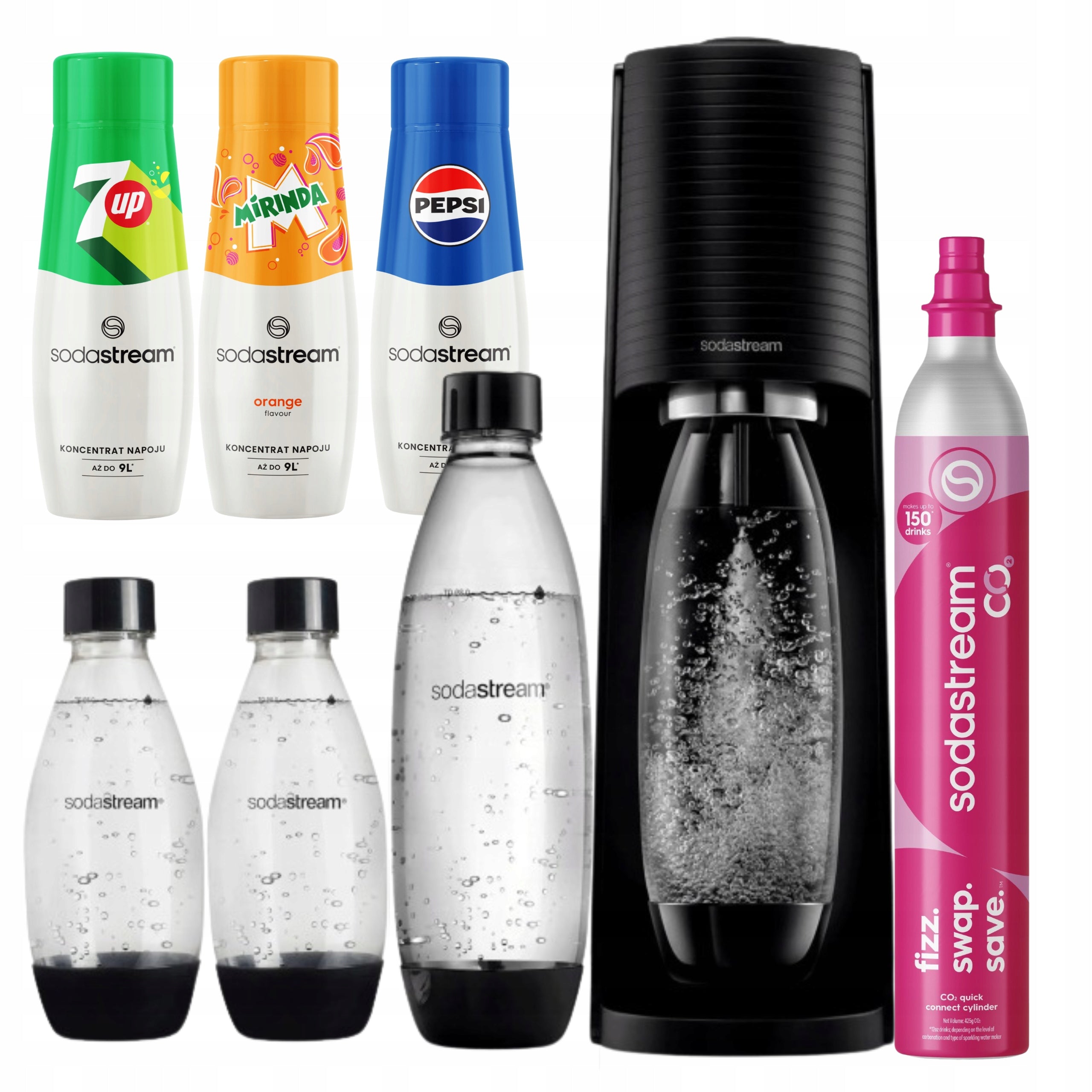 Saturator SodaStream Terra black + 3 bottles + CO2 + Pepsi + Mirinda + 7up