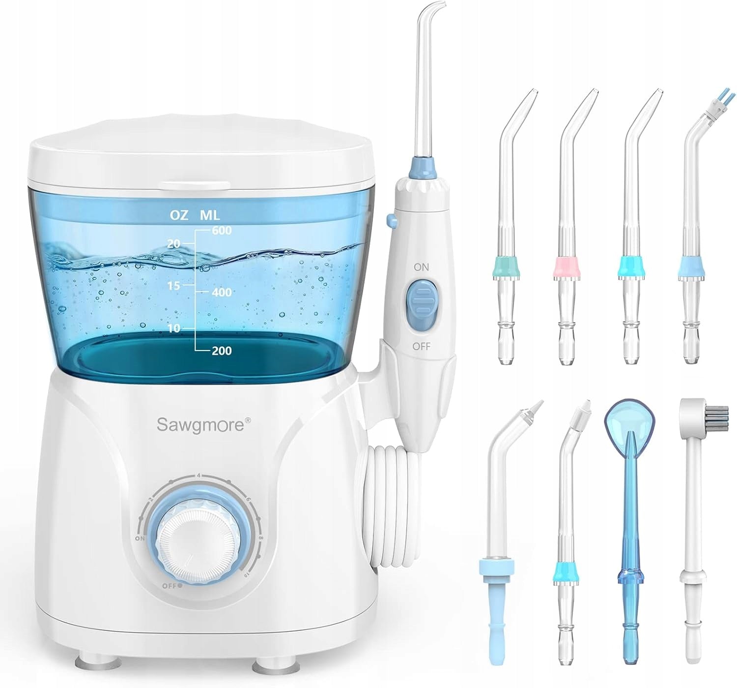 Sawgmore Dental Irrigator 10 Pressure Settings 600ml 8 Nozzles White