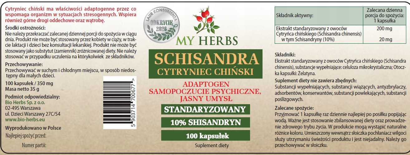 Schisandra Chinese Citrine standardized 100 kaps. adaptogen energy Brand Bio Herbs