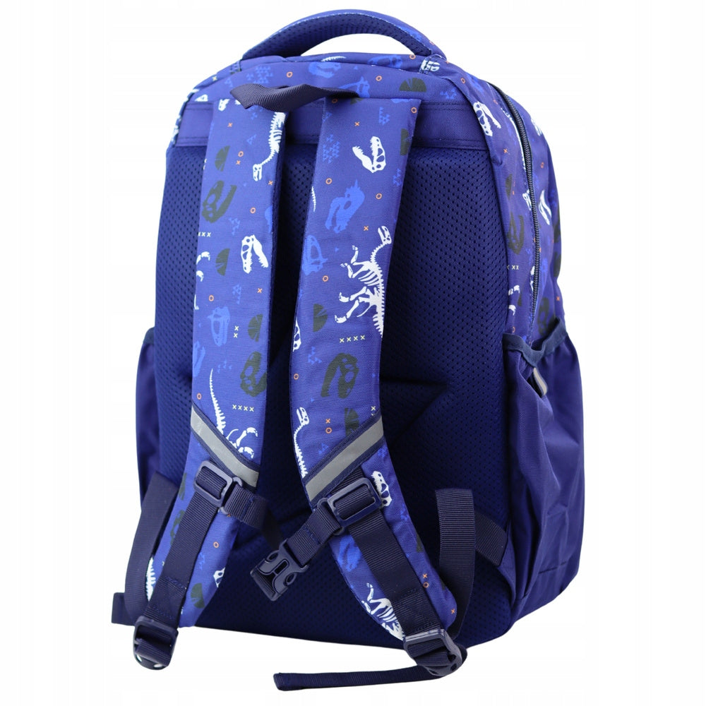 School Backpack Dinosaurs Patch T-Rex Chest Belt Navy Blue 20L Dimensions large (A4 size)