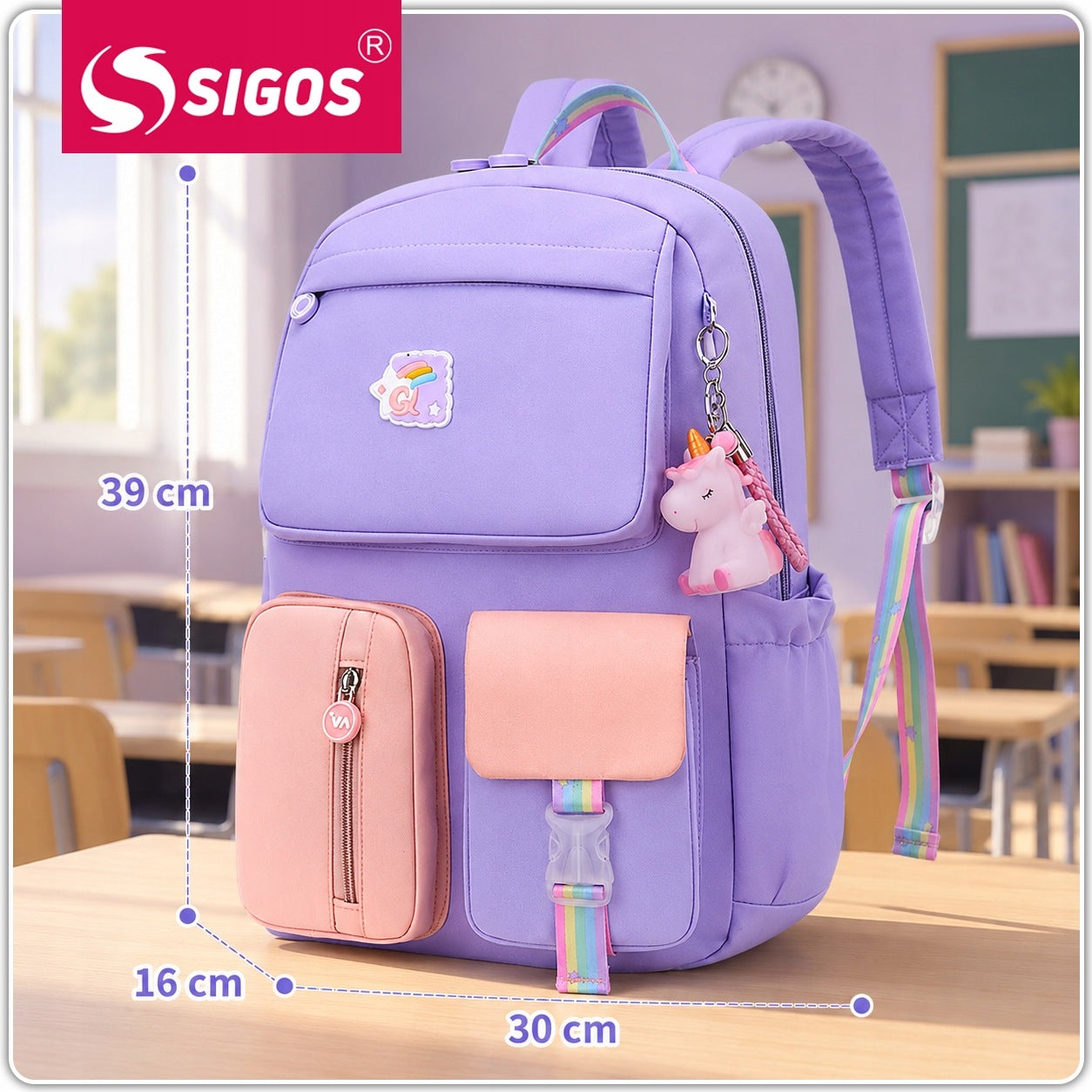 School Backpack Girls A4 Schoolbag Purple Waterproof Unicorn Packaging status original