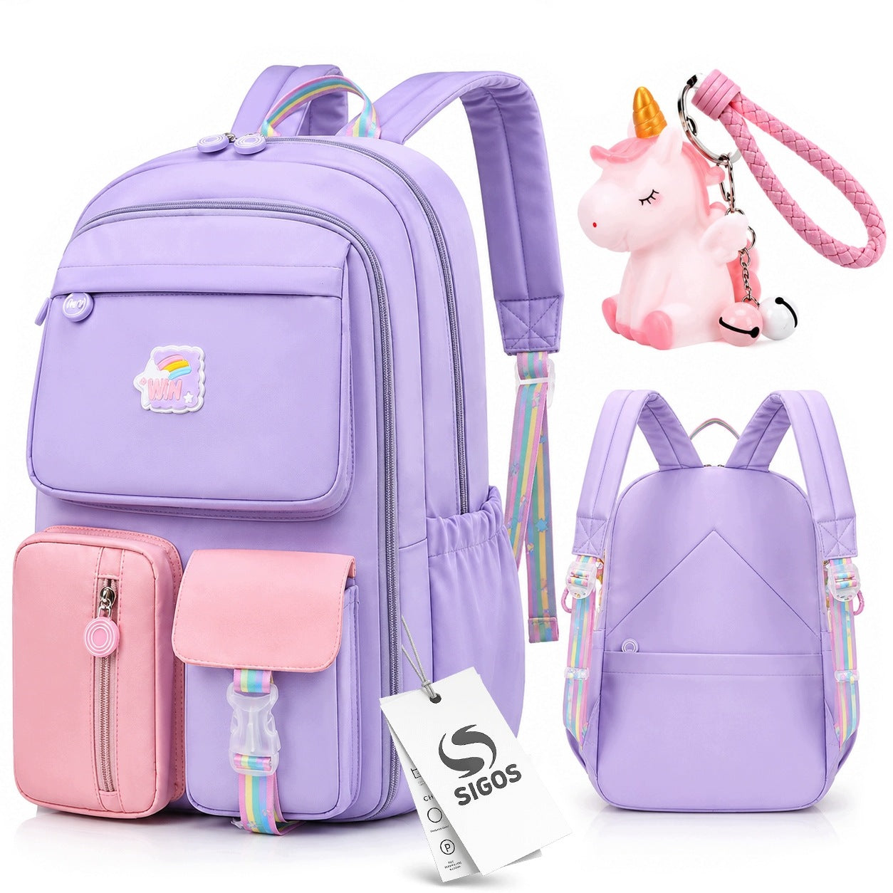 School Backpack Girls A4 Schoolbag Purple Waterproof Unicorn