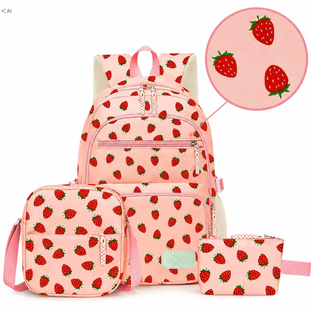 School Backpack Pink Strawberries for Girls Set Pencil Case Breakfast
