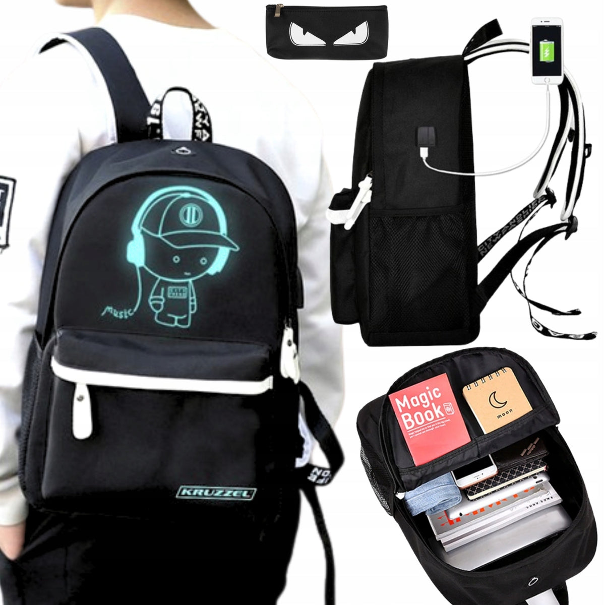 School Backpack Youth Reflectors USB Pencil Case for Boy Girl