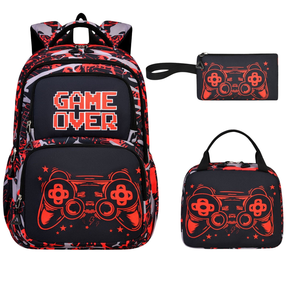 School Backpack for Player 3in1 Game Over Pencil Case Thermal Bag Red