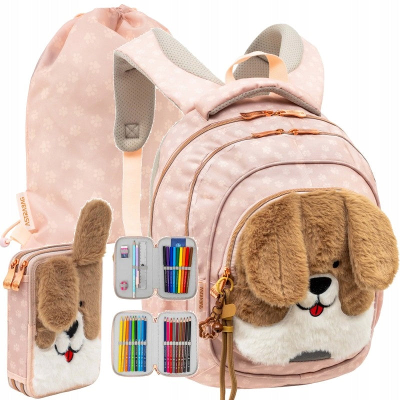 School Set BACKPACK Pencil Case Bag Plush Dog with Ears Fluffy Puppy
