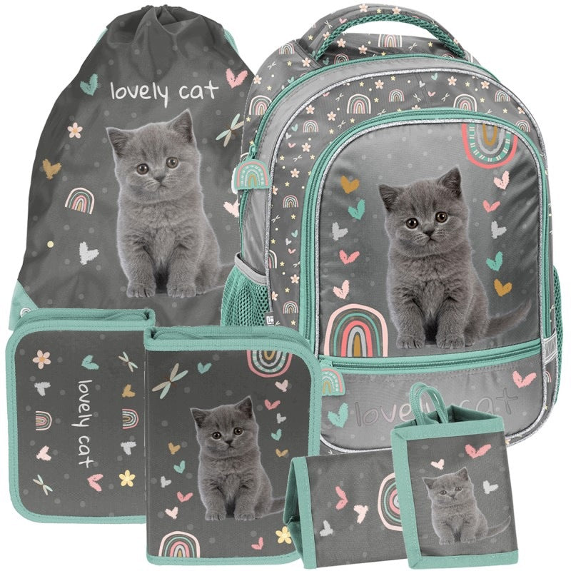 School Set BACKPACK Pencil Case Wallet Bag Grey Kitten Lovely Cat