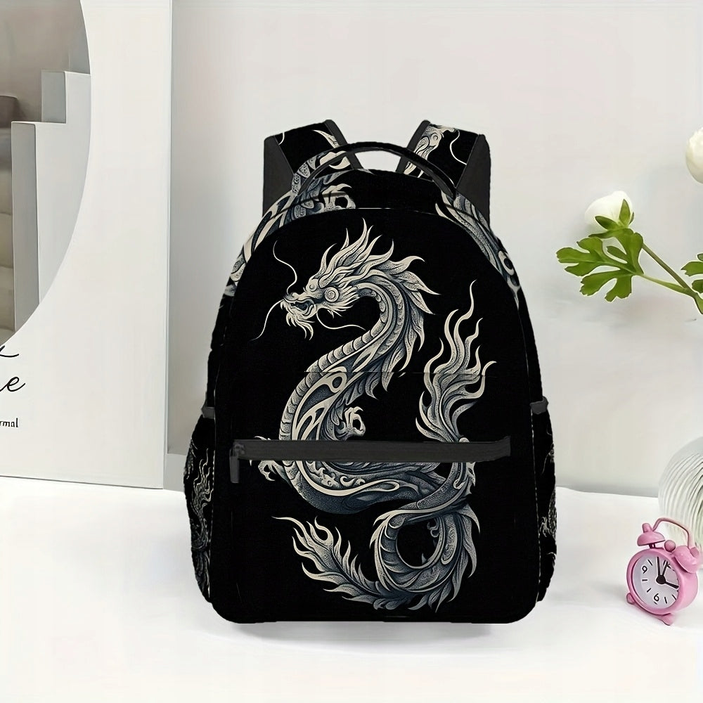 School Travel Backpack - Elegant Dragon Black, White, Blue Print, Durable