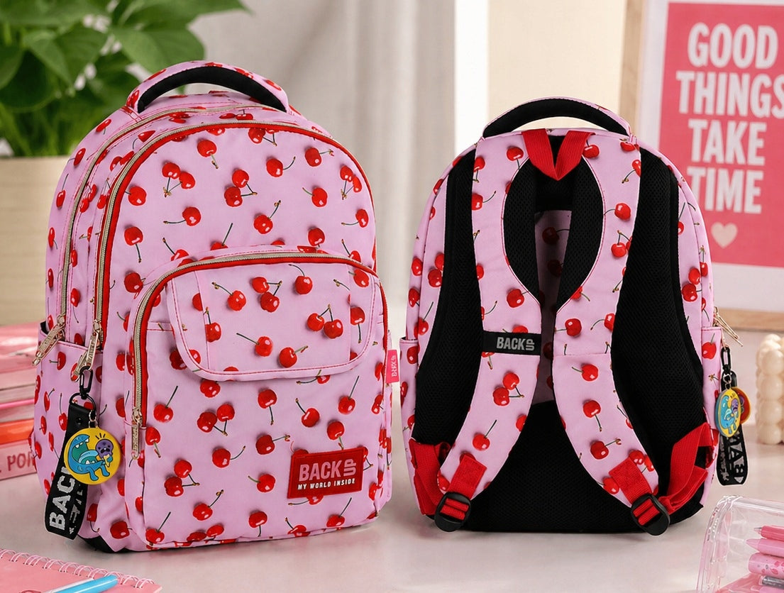 School backpack Back Up Cherries 24L for girls A4 2-chamber pink large