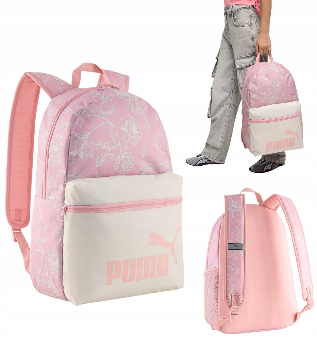 School backpack Puma youth pink flowers for girls + lesson plan