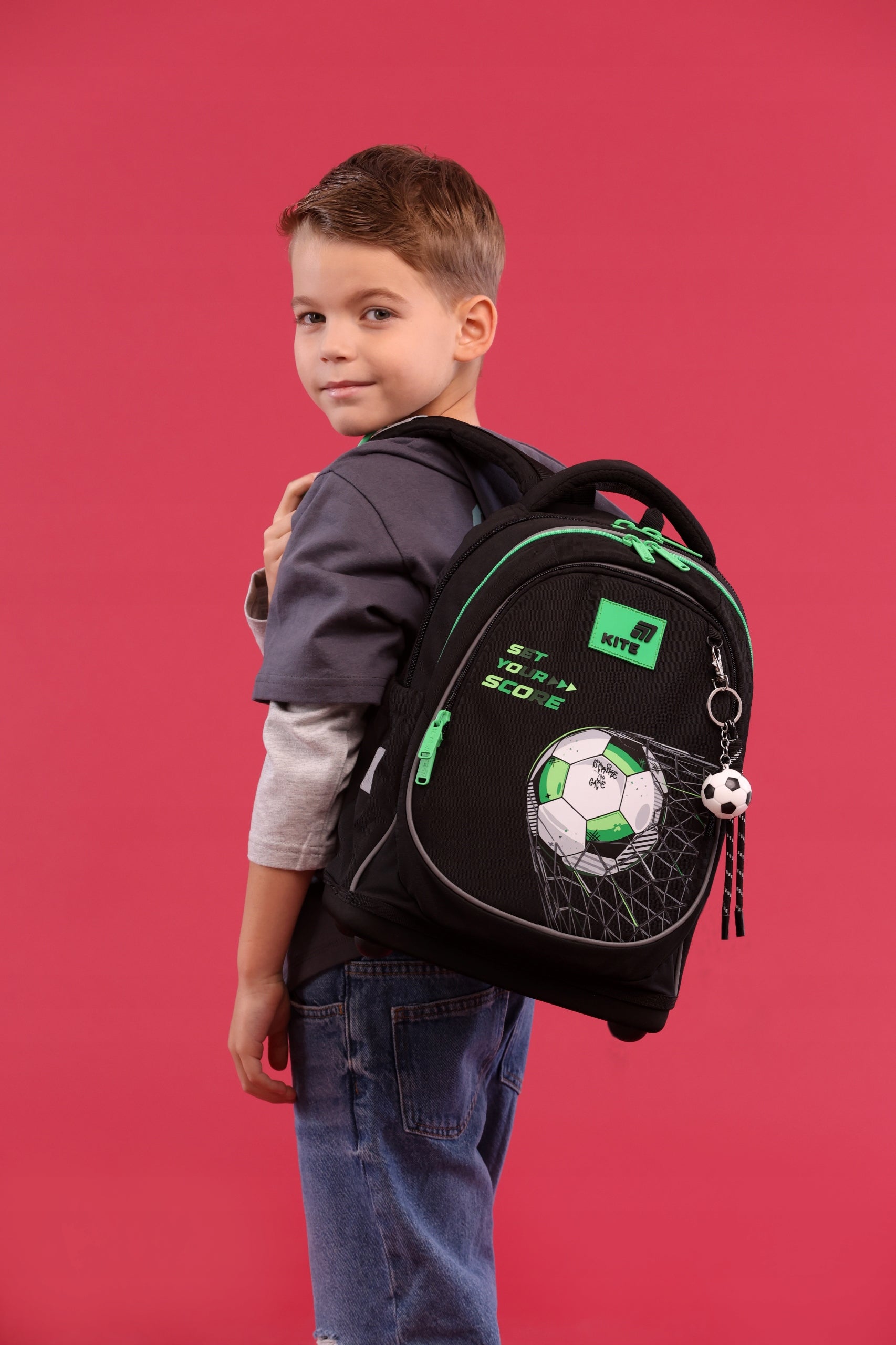 School backpack for boy football orthopedic set on legs Kite Packaging status original