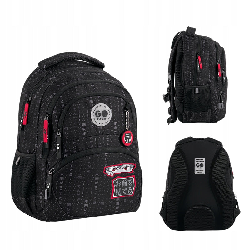 School backpack for boys class1-6 multi-chamber black with keychain GoPack