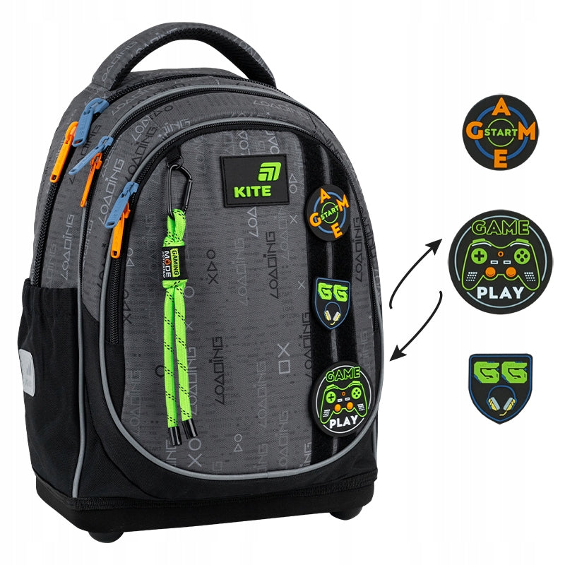 School backpack for boys up to 1-4 class grey on legs with patches Kite