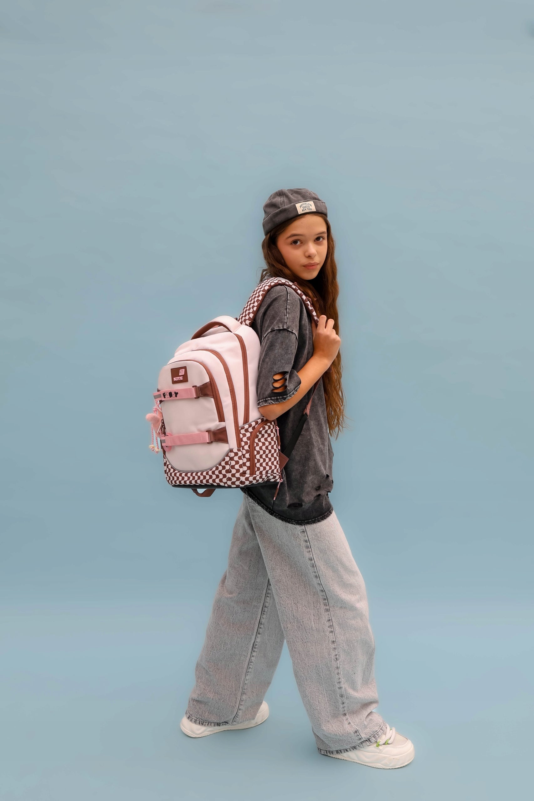 School backpack for girls 9-12 years grid beige keychain toy Kite Packaging status original