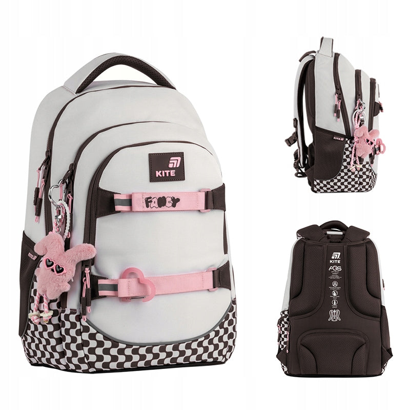 School backpack for girls 9-12 years grid beige keychain toy Kite
