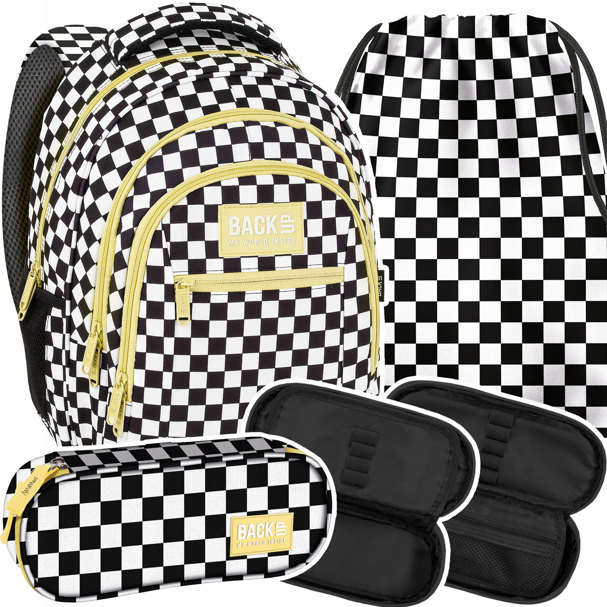 School backpack for girls BackUP CHESSBOARD LEMON BLACK