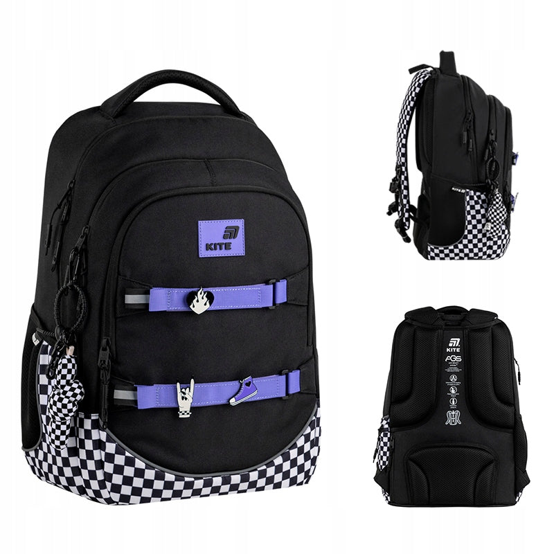 School backpack for girls checkered black keychain Kite