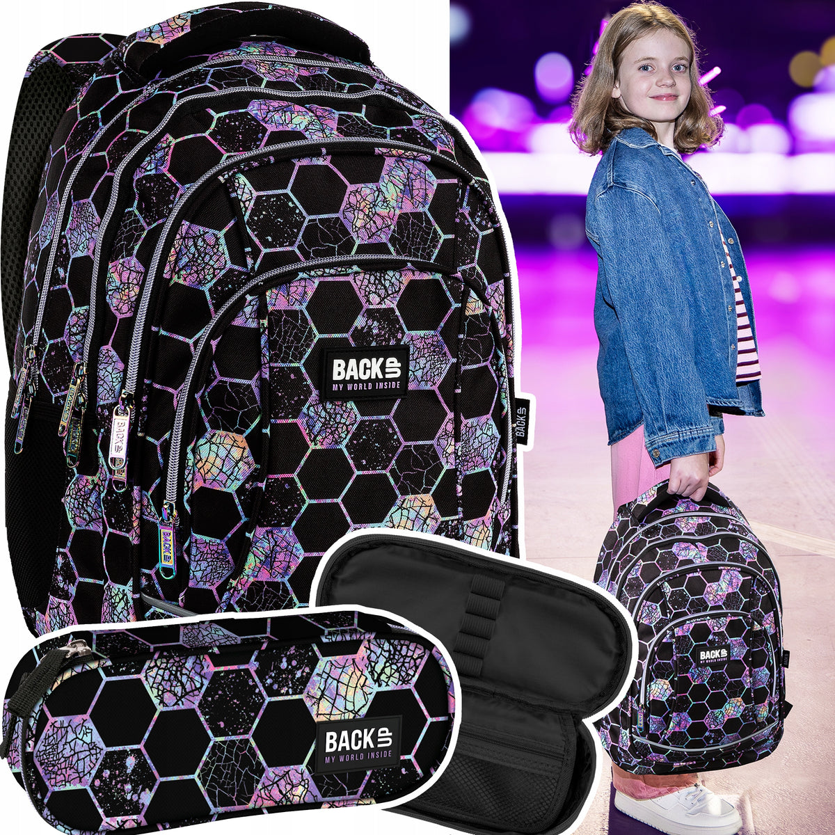 School backpack for girls + pencil case BackUP 26 L NEON LIGHTS girls