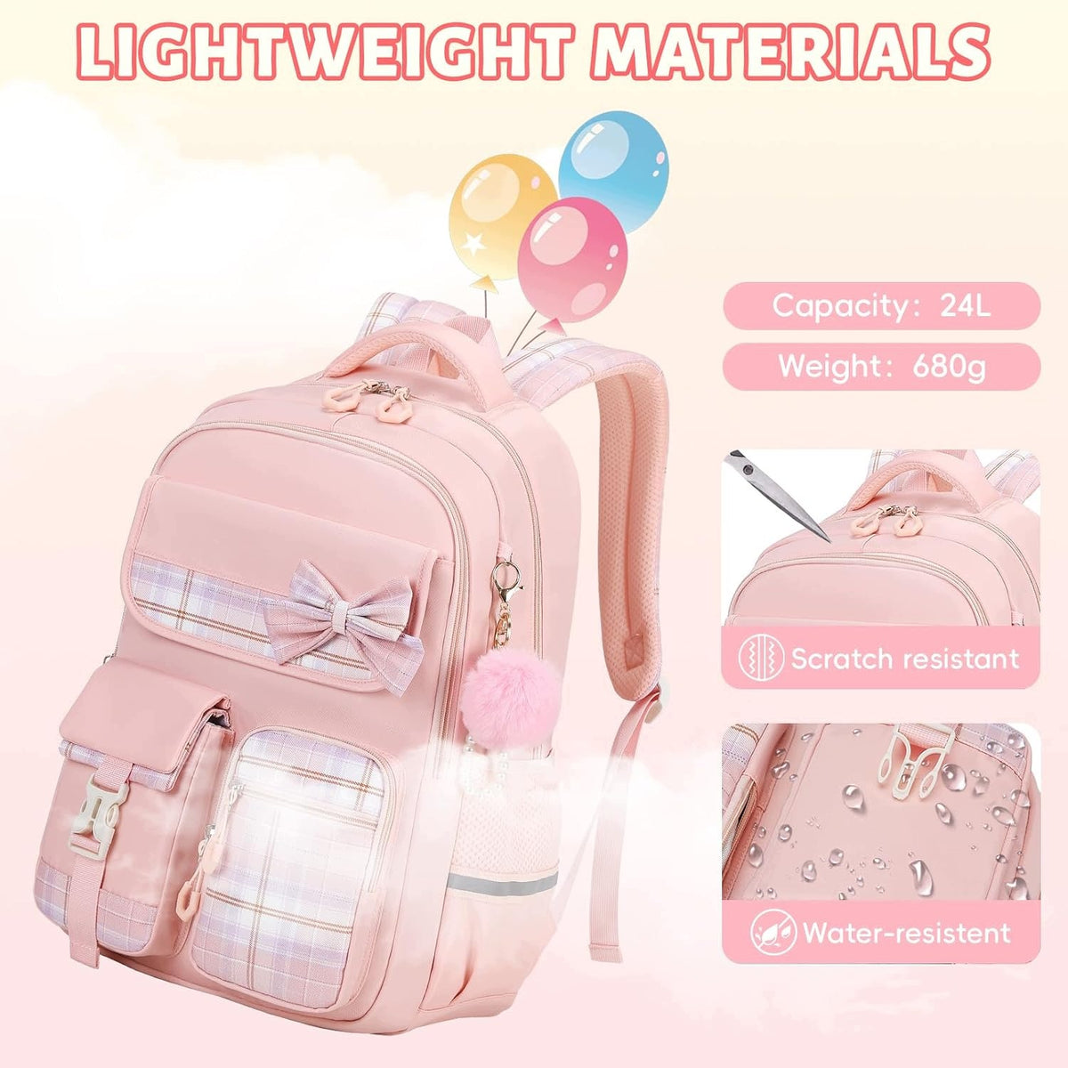 School backpack for girls pink checkered Kawaii 9-16 years Brand no brand