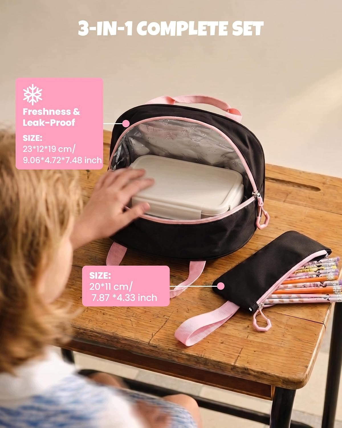 School backpack for teenagers 10-18 years pink 3-piece with pencil case Packaging status original