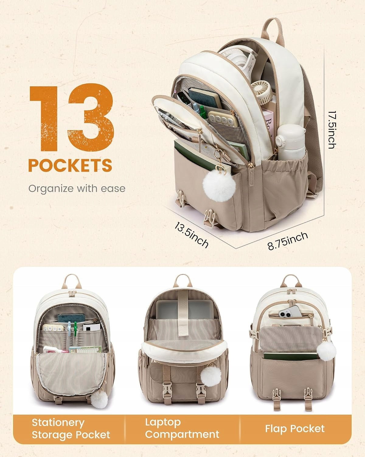 School backpack for teenagers LOVEVOOK khaki beige 15.6 inch Manufacturer code 5908184012473
