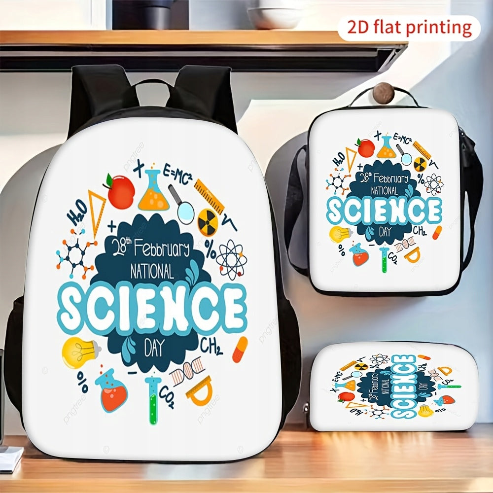 Science Graphic Print Backpack Set with Lunch Bag and Pencil Case for Travel