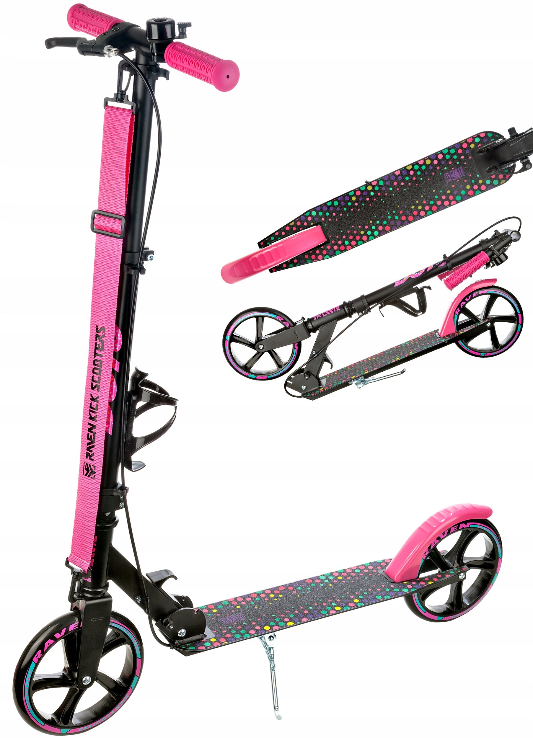 Scooter LARGE Folding RAVEN Dots Black 200mm with brake water bottle holder
