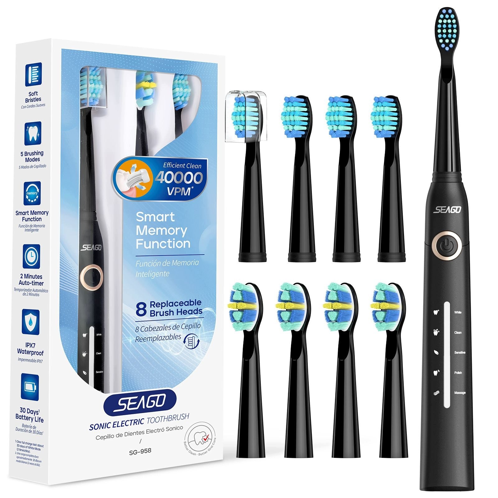 Seago Black Sonic Brush, 8 Tips, USB, 5 Modes, IPX7