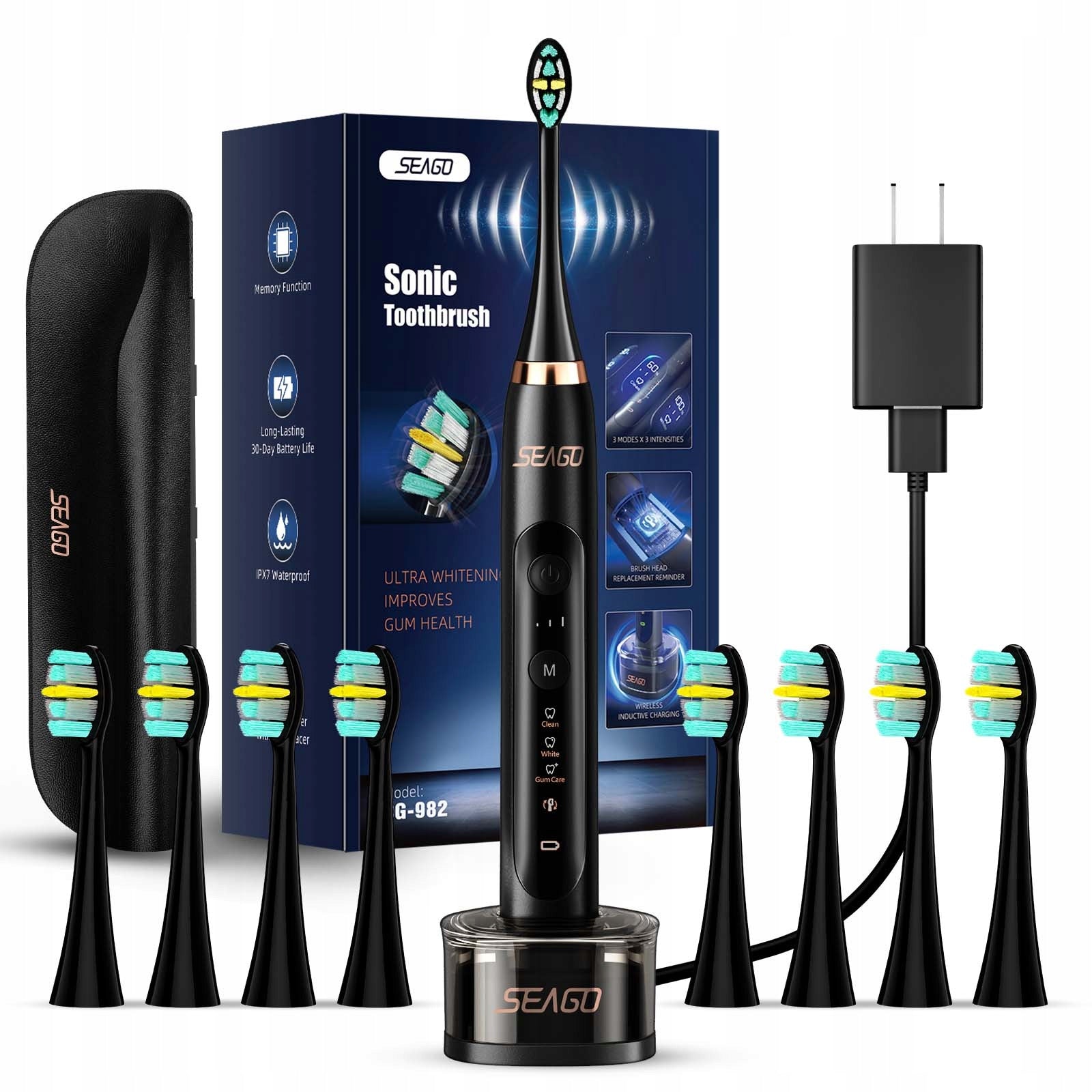 Seago sonic toothbrush SG-982 black, case, 8 heads