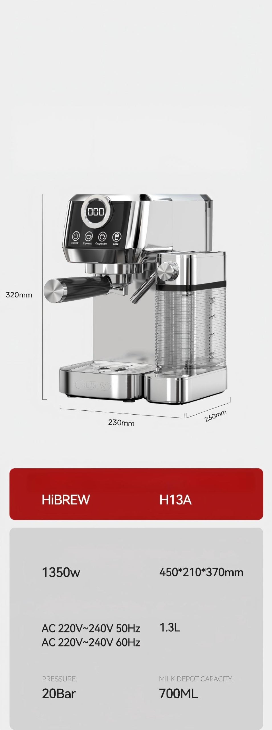 Semi-automatic Expresso HiBREW H13A 1350W 20 bar 1.3L Two-boiler Brand HiBREW