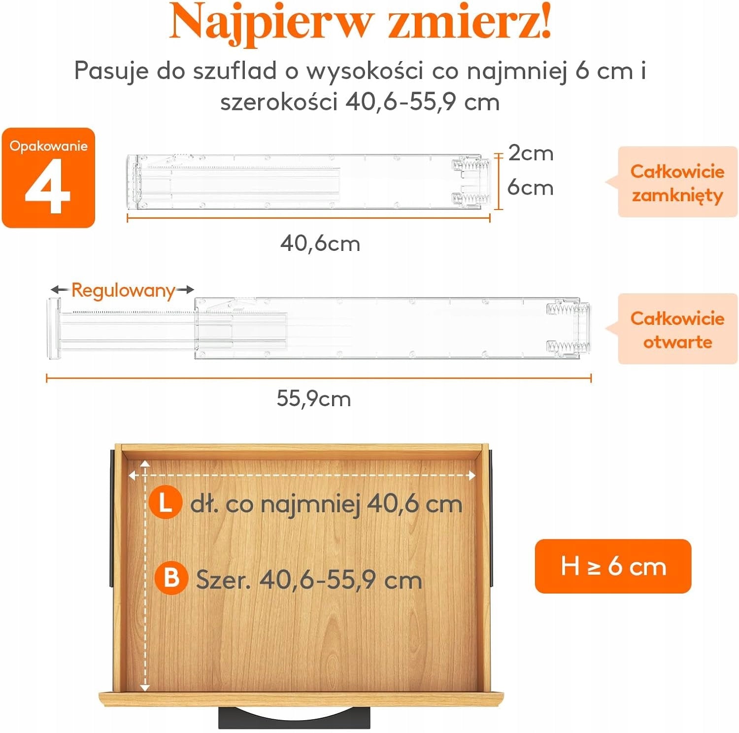 Separator compartments for cabinet drawers 41-56 H 6cm - 4x - TRANSPARENT Manufacturer code B0D1C7NJGH
