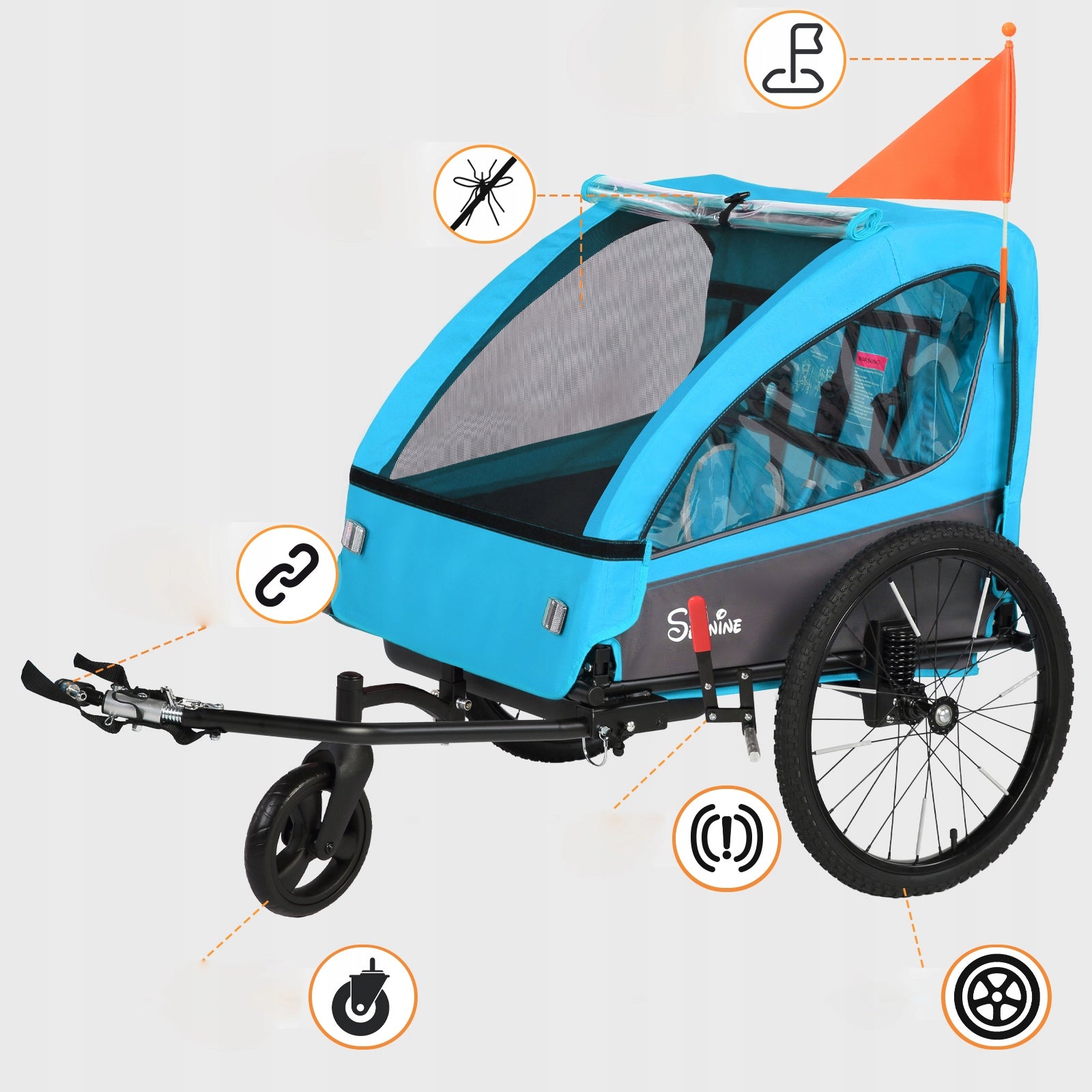 Sepnine 2-in-1 Kids Stroller Bike Trailer Cart Bicycle For 2 seats Max 40kg Additional features shock absorption safety flag jogger function brake stroller front wheel included hi-vis reflectors 5-point harness pumped wheels adjustable handles foldable trailer design waterproof bicycle trailer hook