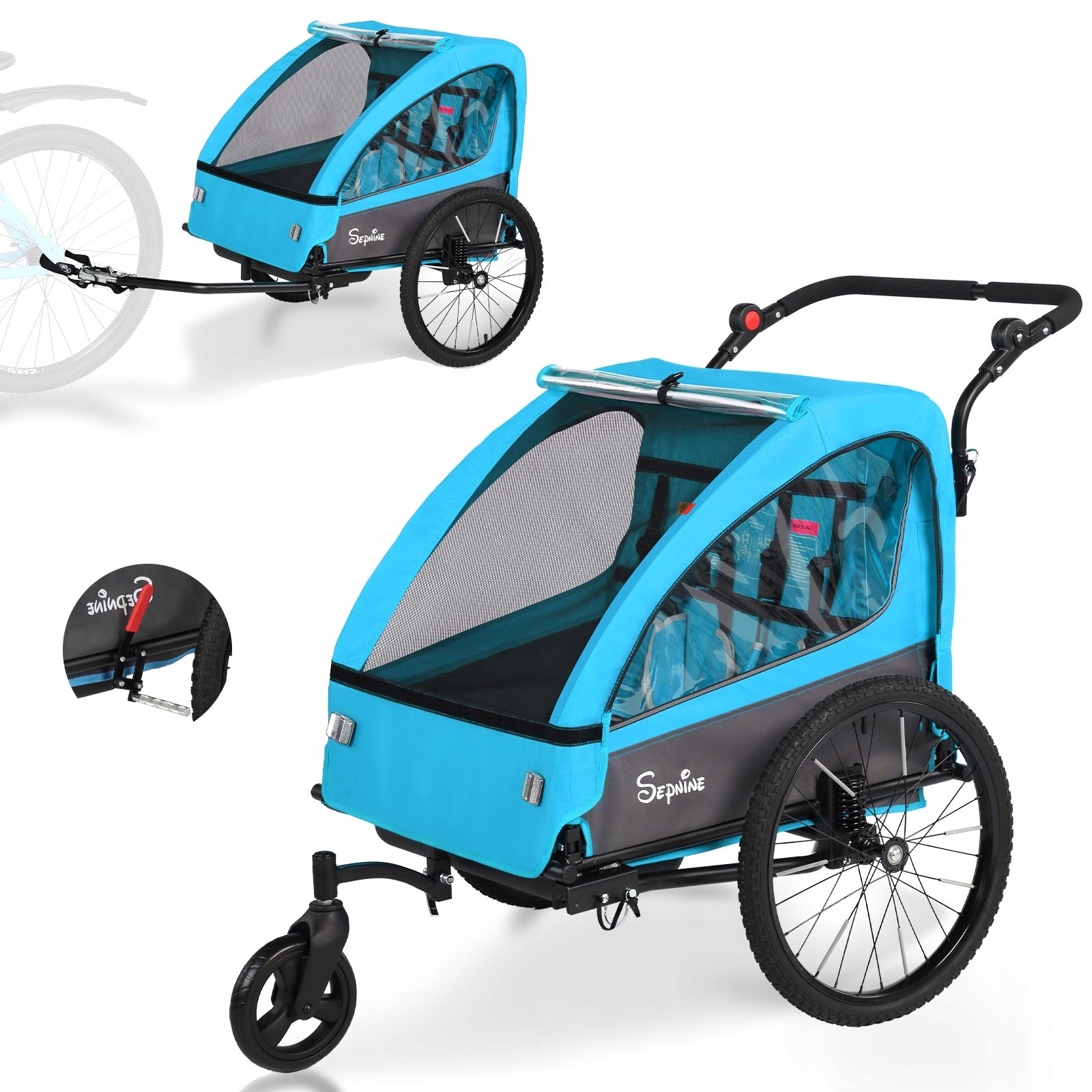 Sepnine 2-in-1 Kids Stroller Bike Trailer Cart Bicycle For 2 seats Max 40kg