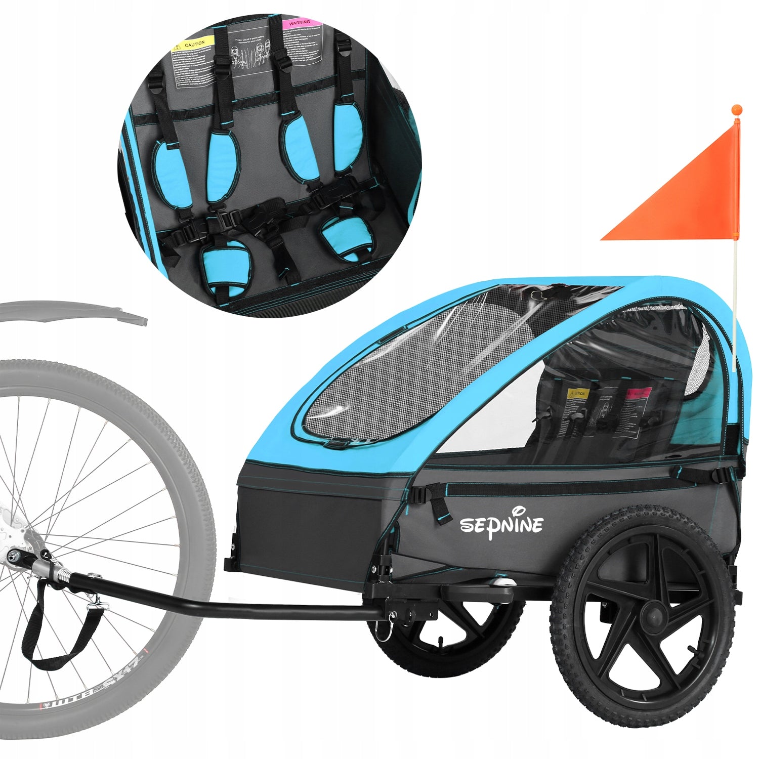 Sepnine Folding 2 seats Kids's Bike Trailer, 5-Point Harness Max load 40kg