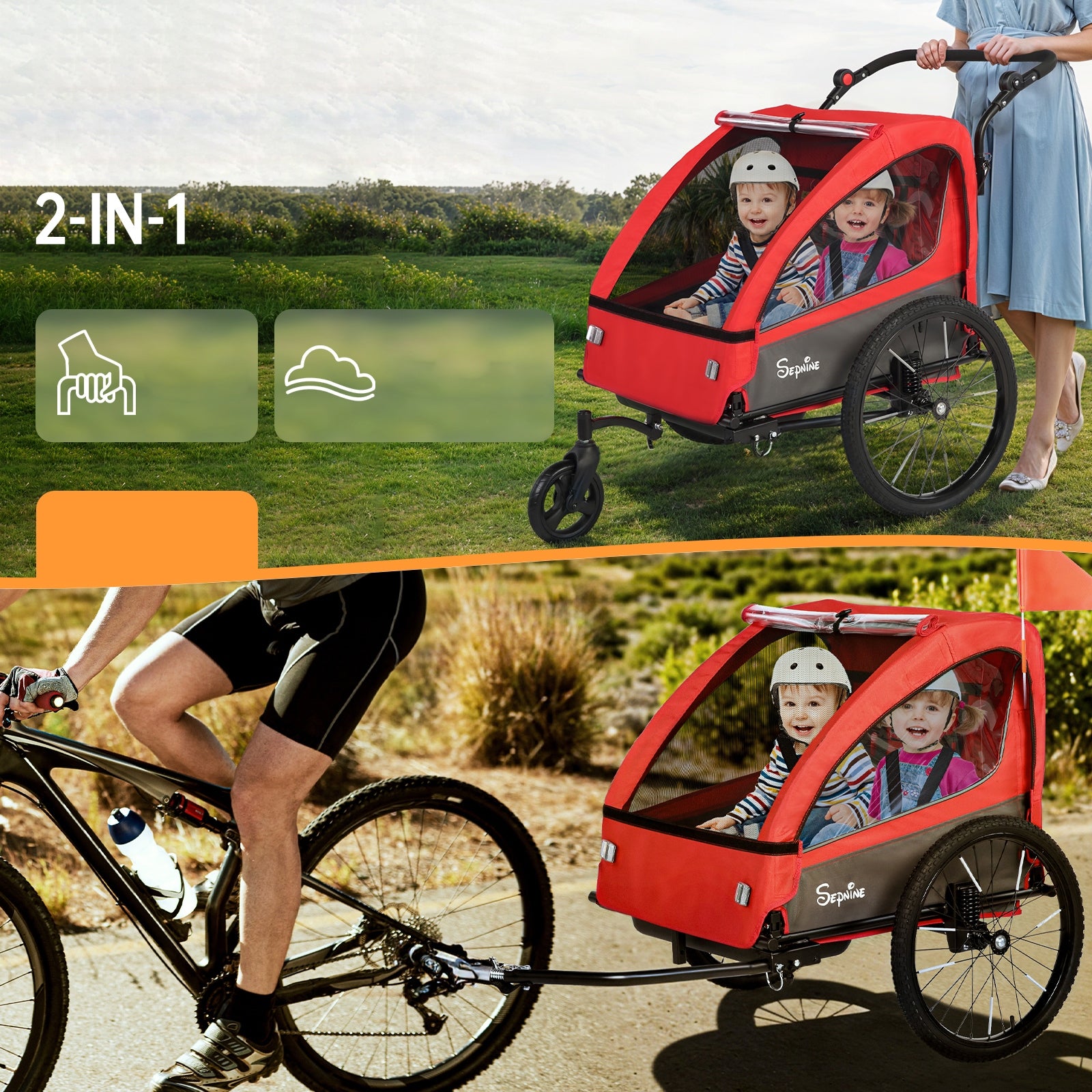 Sepnine Folding 2 seats Kids's Bike Trailer, Suspension and 5-Point Harness Additional features shock absorption safety flag jogger function brake stroller front wheel included hi-vis reflectors 5-point harness pumped wheels adjustable handles foldable trailer design waterproof bicycle trailer hook