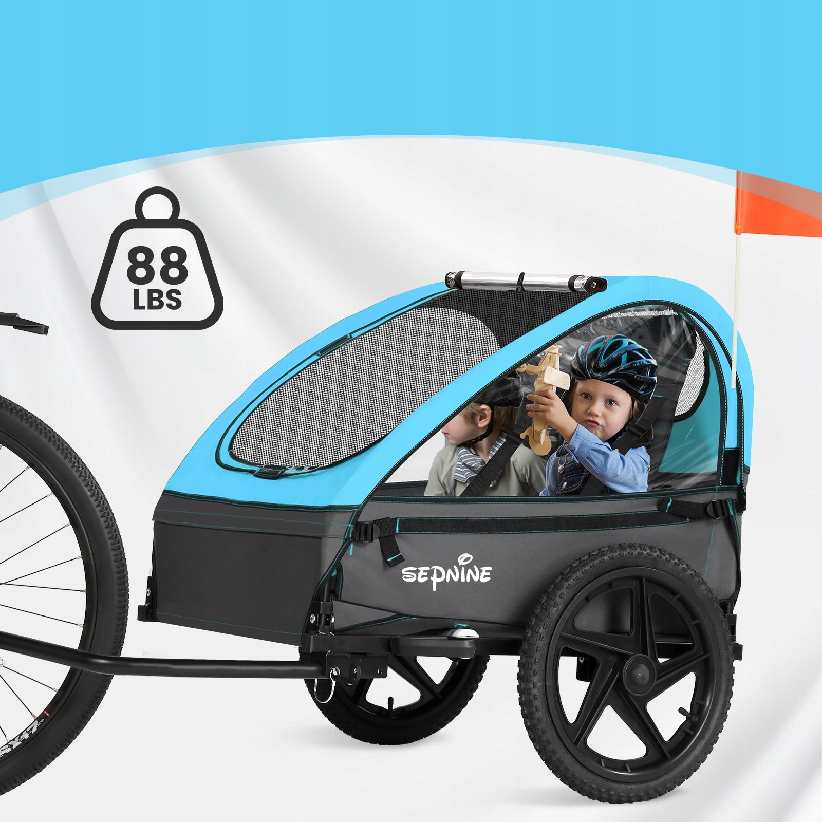 Sepnine Kids Bike Trailer Bicycle Trailer For Baby 2 Seats Max 40kg BLUE Additional features safety flag 5-point harness pumped wheels foldable trailer design waterproof bicycle trailer hook