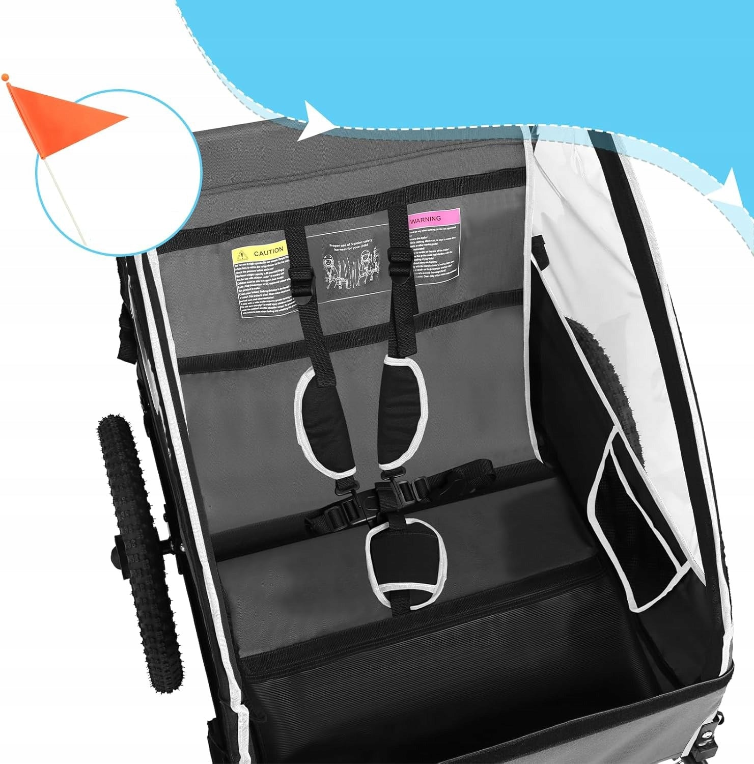 Sepnine Kids Bike Trailer for Baby Max 30kg Kids Bicycle Trailer Additional features safety flag 5-point harness pumped wheels foldable trailer design waterproof bicycle trailer hook