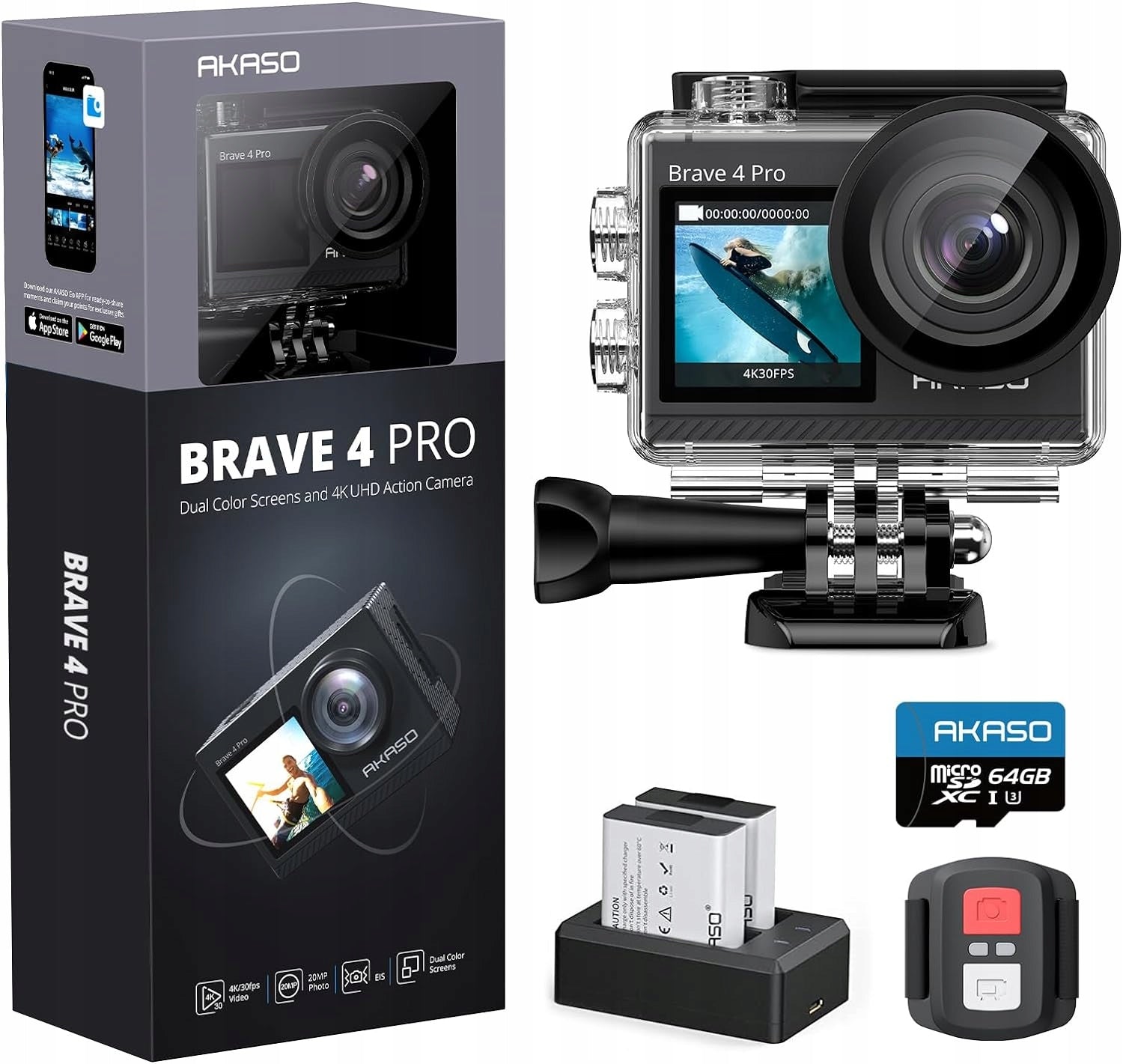 Set AKASO Brave 4 Pro Action Cam 4K30FPS 20MP 64GB sports camera new