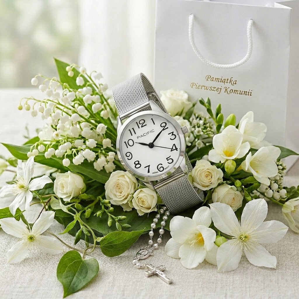 Set COMMUNION watch for communion gift + Bag and box Model Zegarek na komunię - prezent srebrny ZX6131