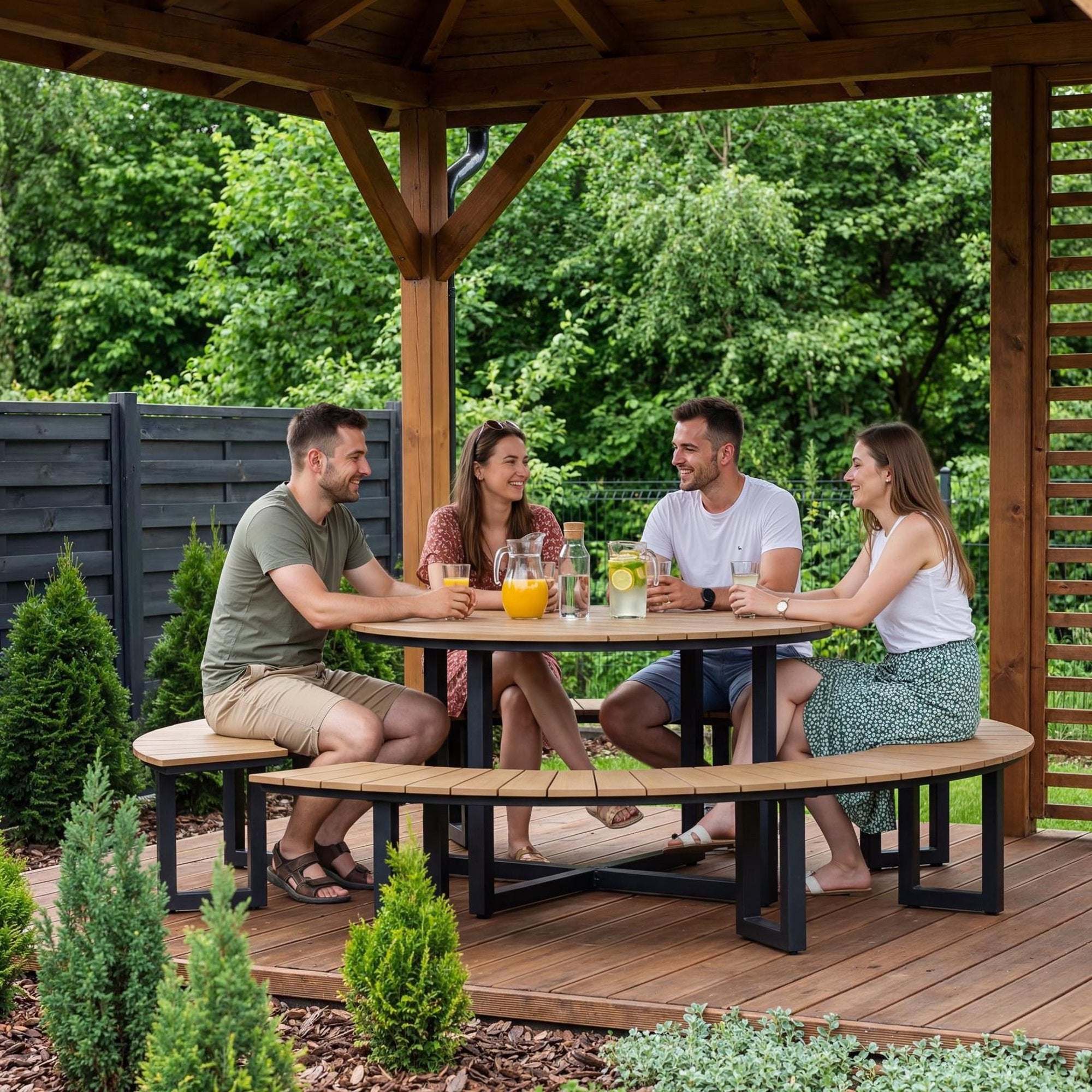 Set Garden Furniture LOFT Round Table + 2 Benches Aluminum Polywood Black Manufacturer di volio