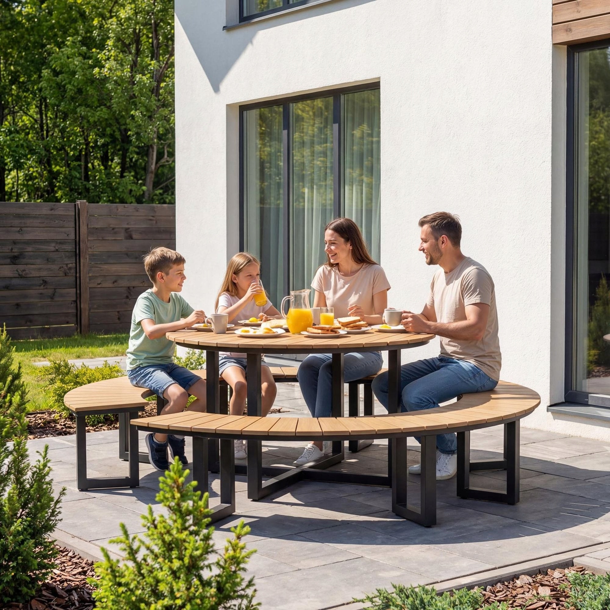 Set Garden Furniture LOFT Round Table + 2 Benches Aluminum Polywood Black Number of people over 8