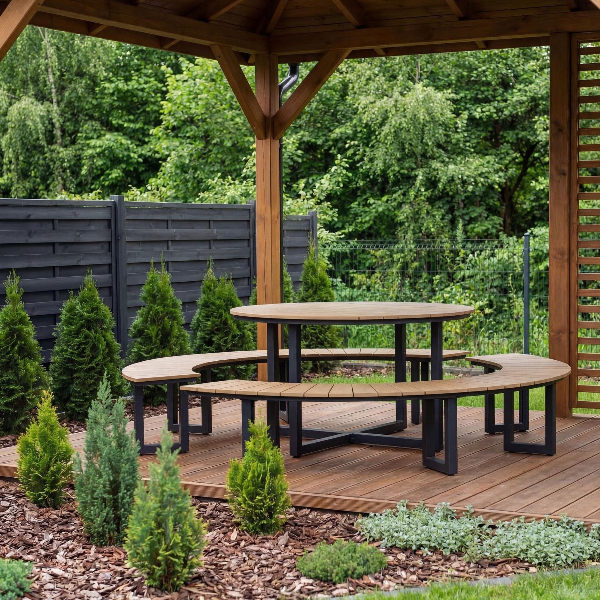 Set Garden Furniture LOFT Round Table + 2 Benches Aluminum Polywood Black Packaging status original
