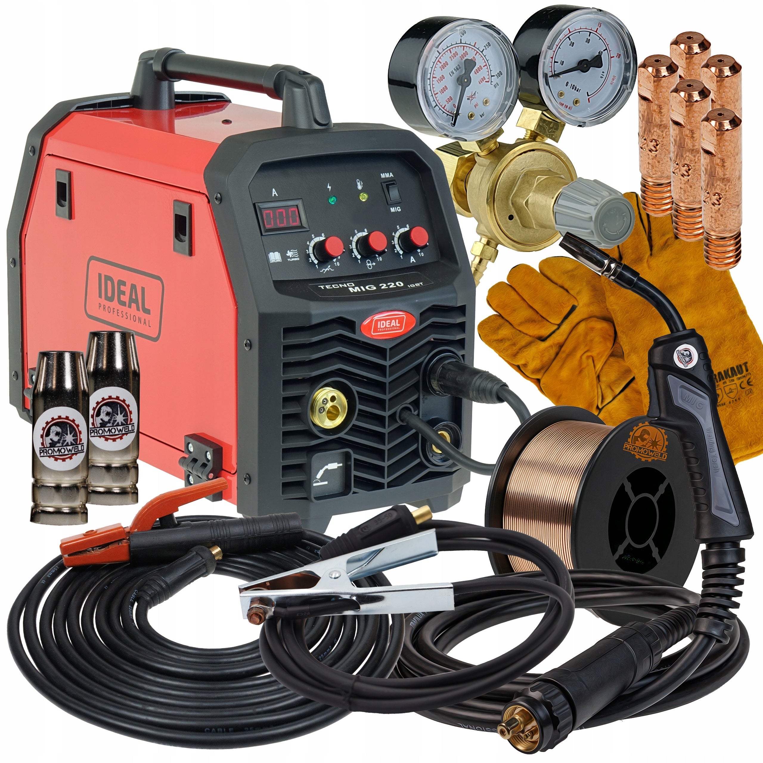 Set Ideal Tecno MIG 220 MMA welding machine with reducer and wire for steel