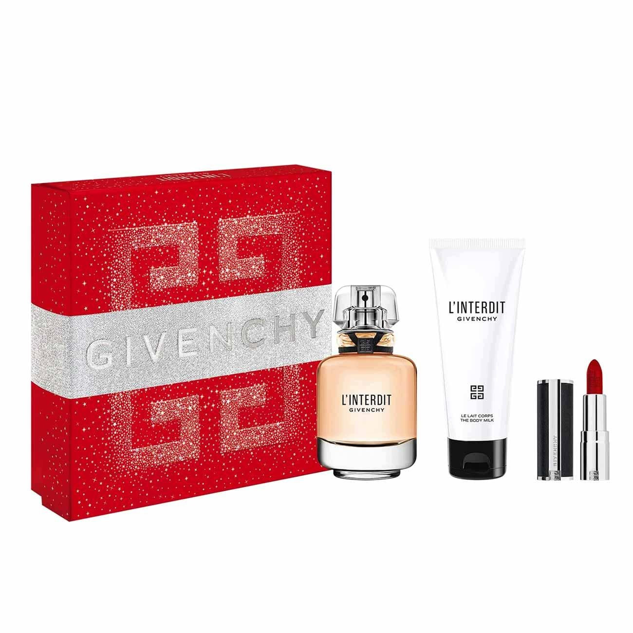 Set L'Interdit Perfumed Water Edp 50ml + Body Milk + Lipstick Packaging status original