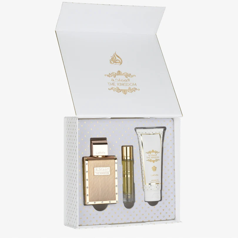 Set Lattafa The Kingdom Men Edp 100ml + Edp 12ml + Shower Gel 100ml