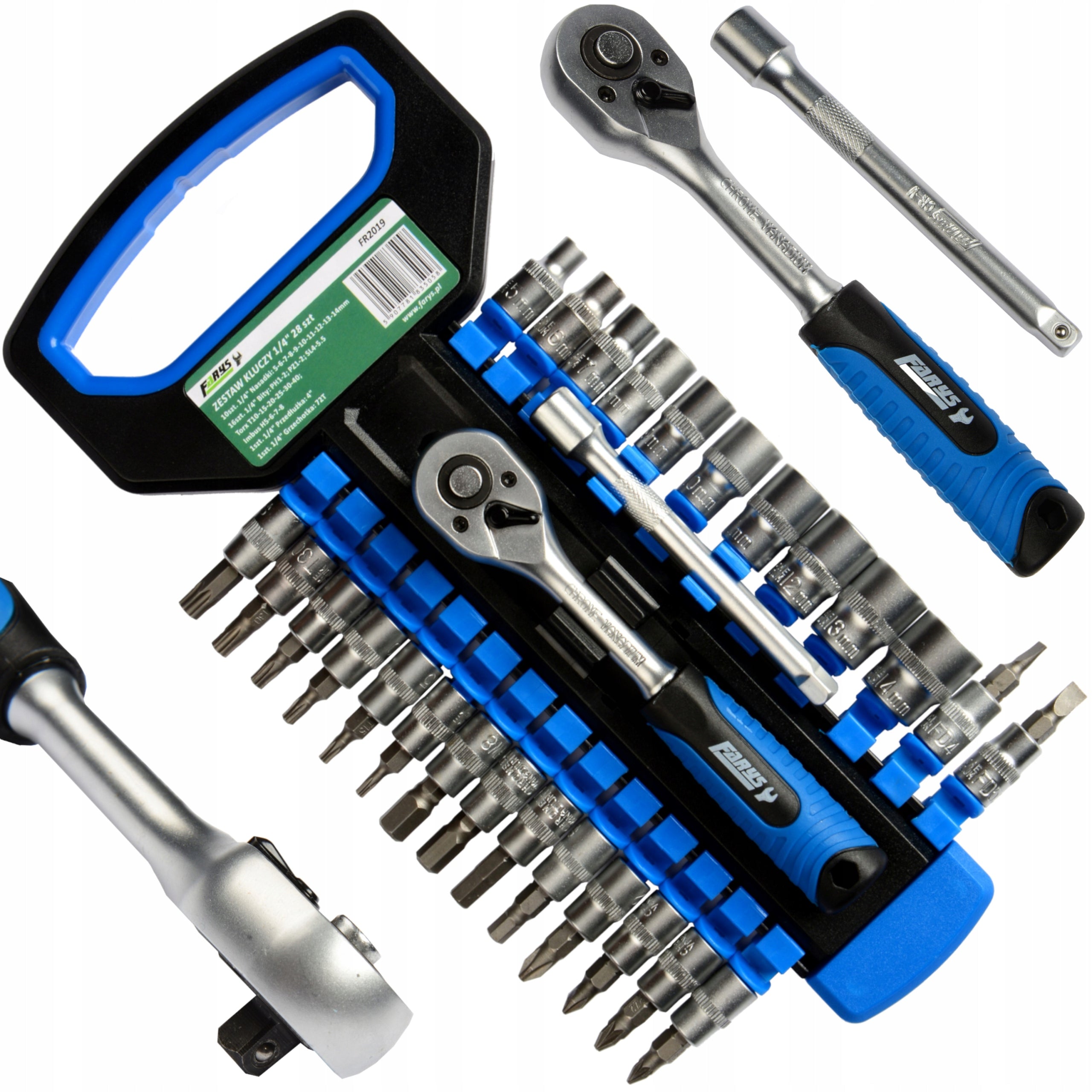 Set Ratchet 1/4'' Socket Wrenches Bit Extension Torx Imbus 28el. Manufacturer code FR2019