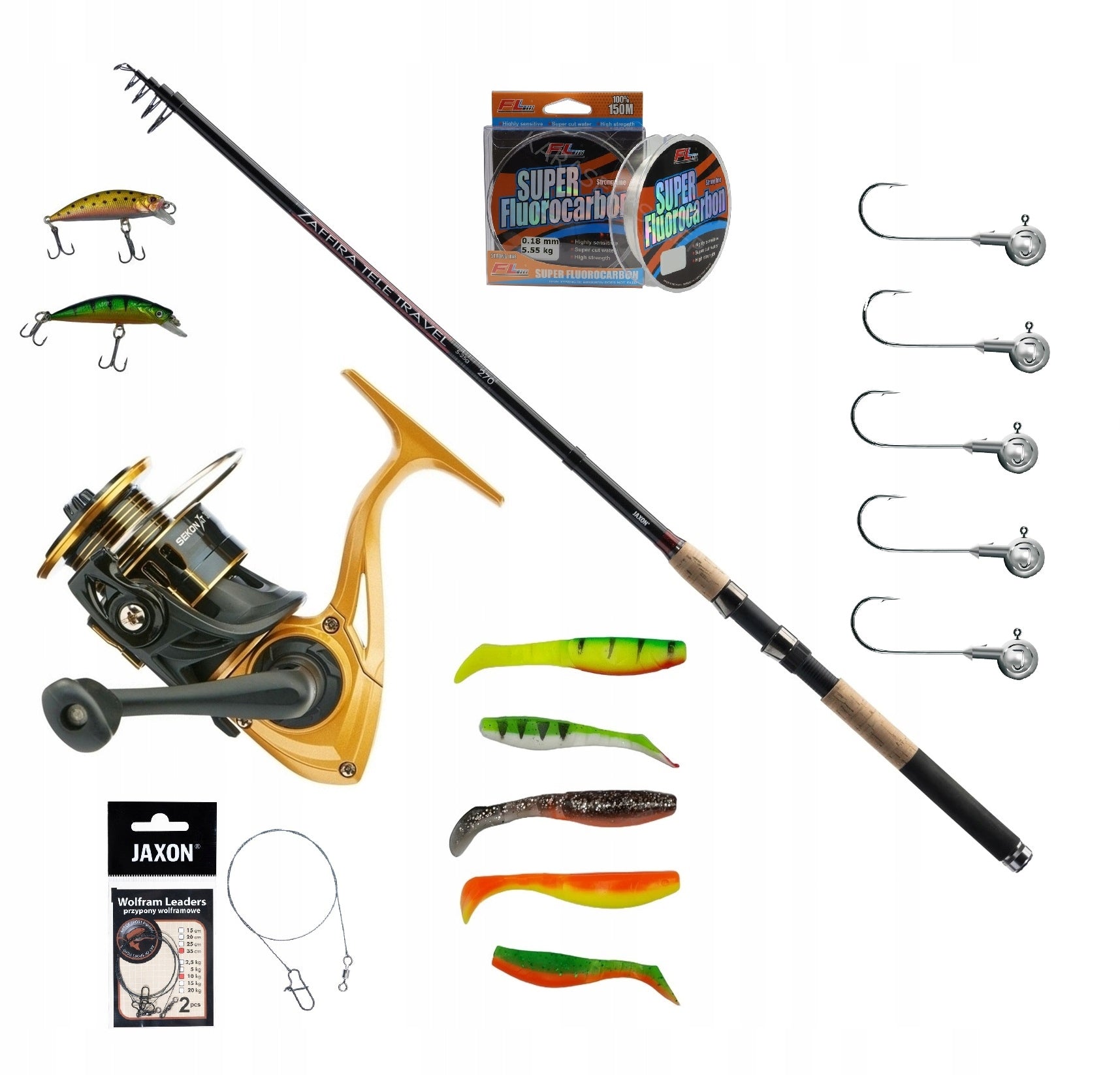 Set Rod Spinning Jaxon 2,4m 5-25gr Reel Rippers Fishing Line Wobblers