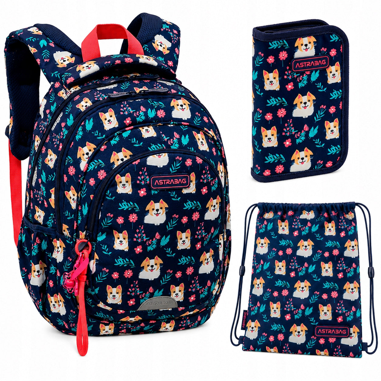 Set School Backpack Pencil Case Bag for girls ASTRA dog 20L